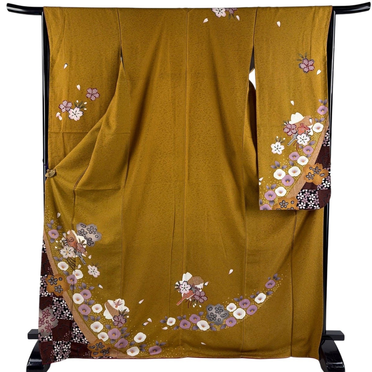 振袖 身丈171.5cm 裄丈66cm M 袷 桜 椿 金糸 金彩 山吹茶色 正絹 名品