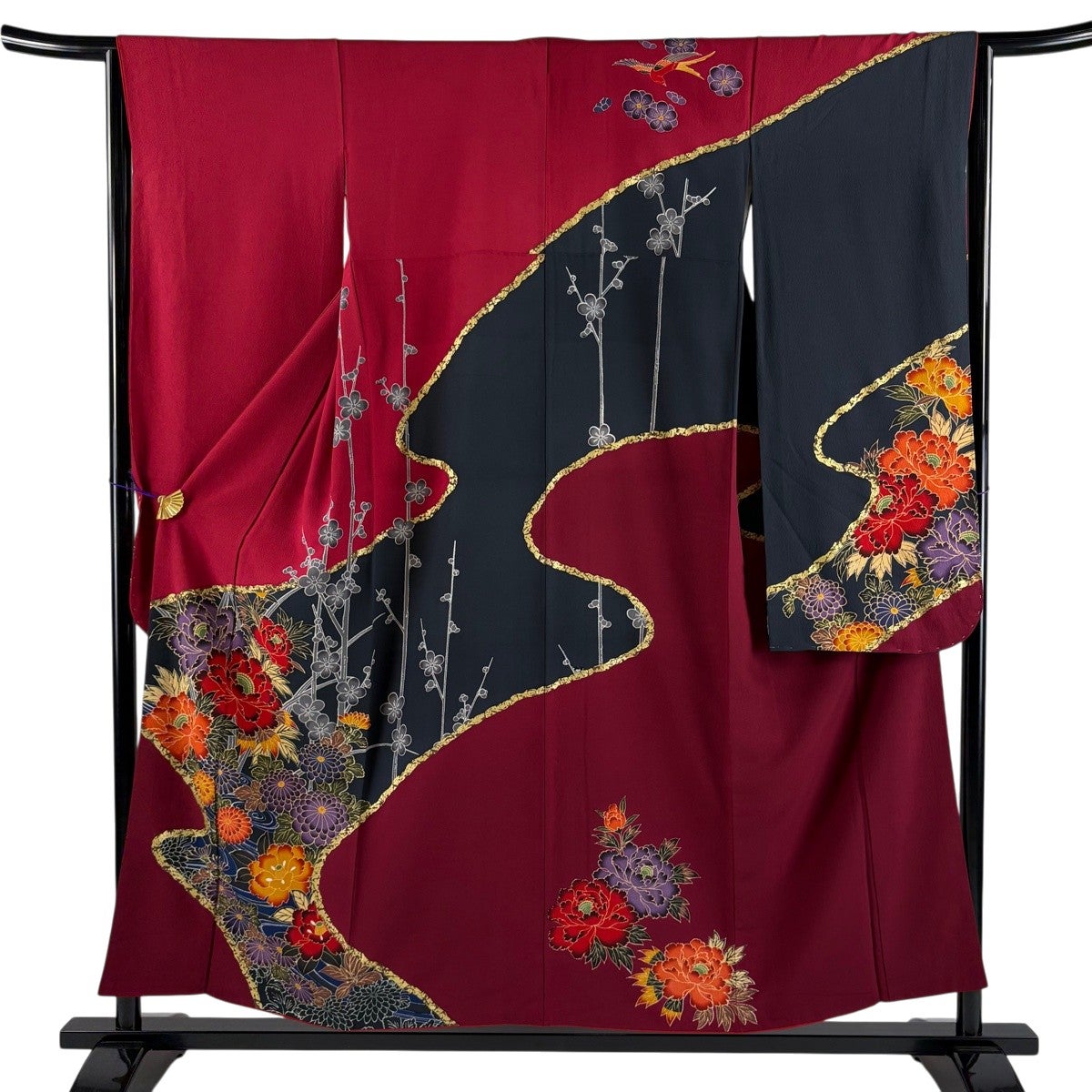 振袖 身丈154.5cm 裄丈65cm M 袷 牡丹 菊 金彩 染め分け えんじ色 正絹