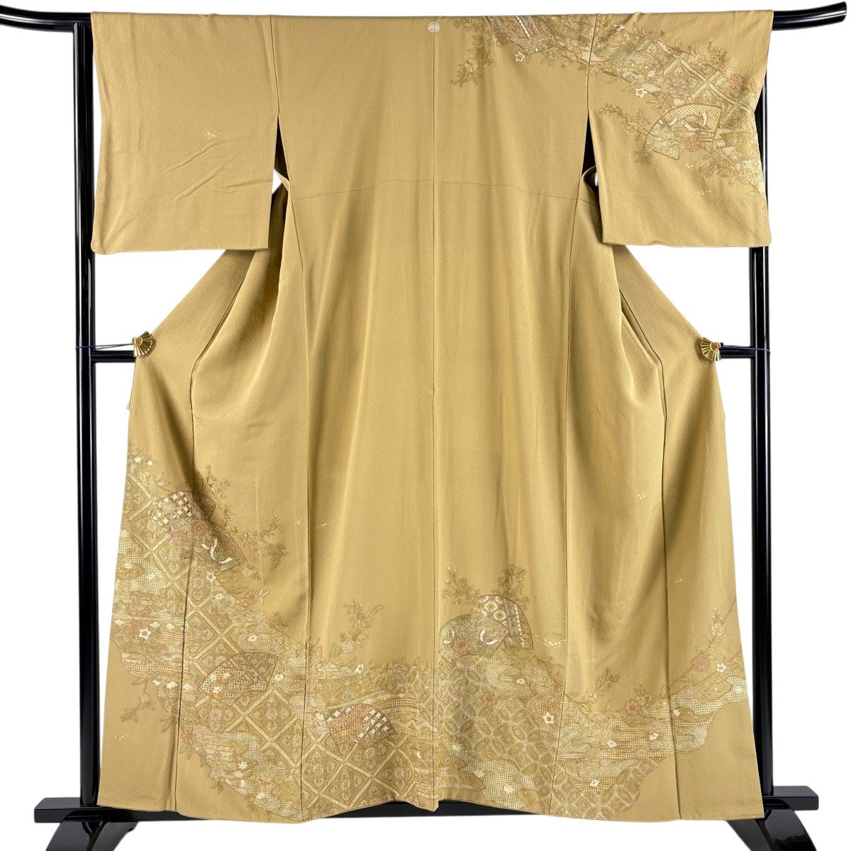 美品】 訪問着 身丈156cm 裄丈66cm M 袷 扇面 草花 刺繍 金彩 黄土色