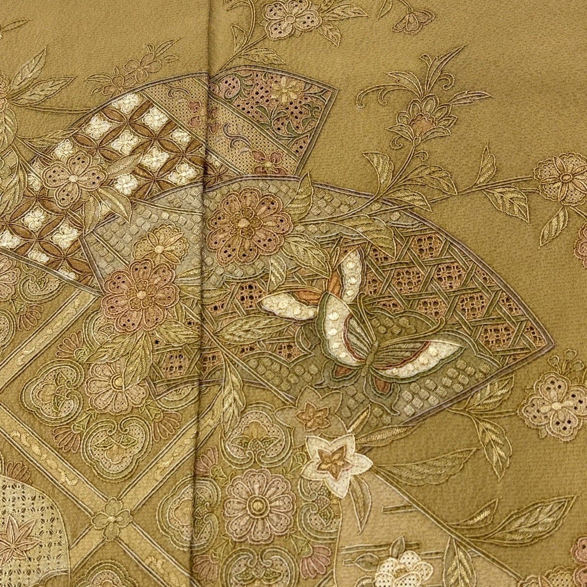 美品】 訪問着 身丈156cm 裄丈66cm M 袷 扇面 草花 刺繍 金彩 黄土色
