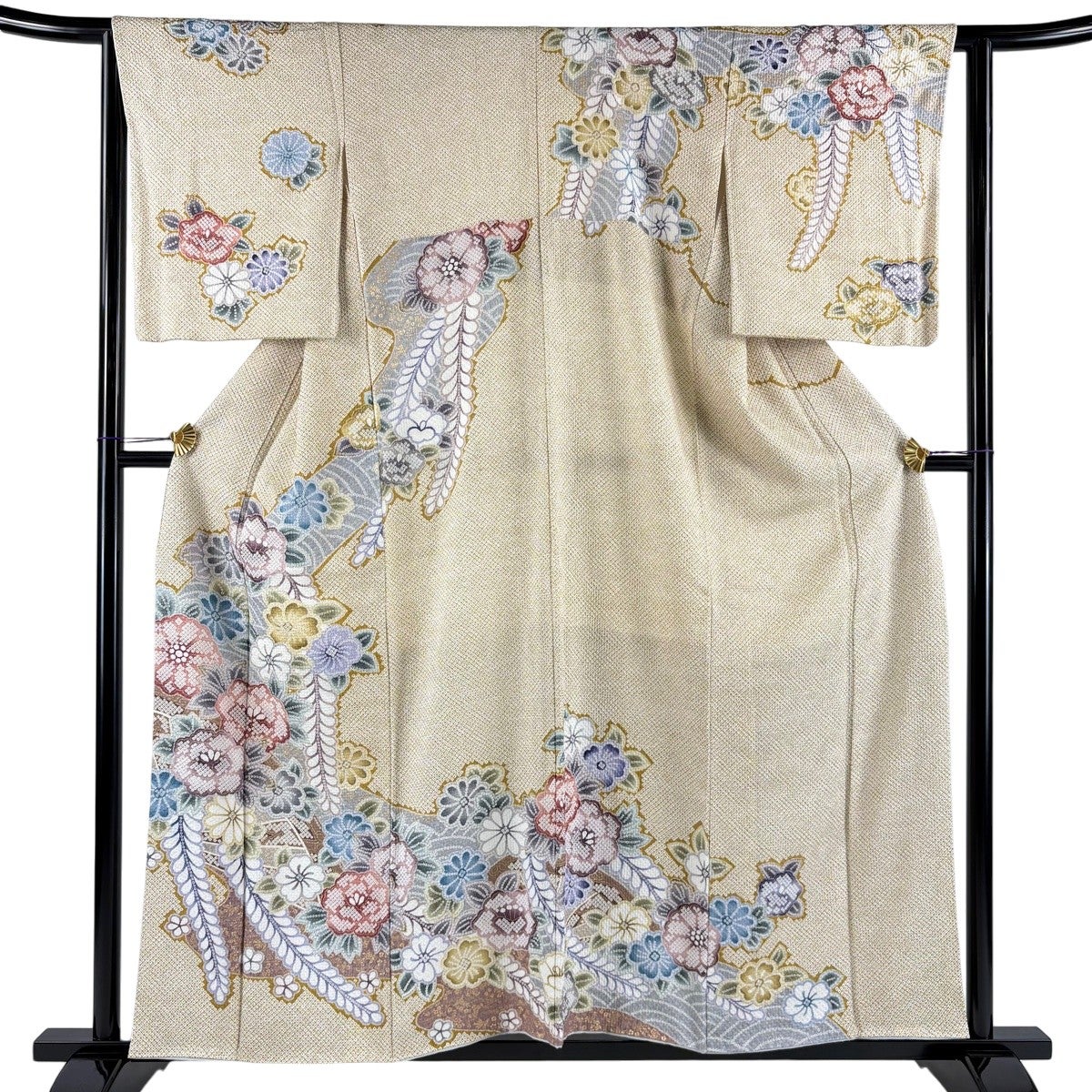 美品】 訪問着 身丈155.5cm 裄丈63cm S 袷 桜 牡丹 薄茶色 正絹 名品
