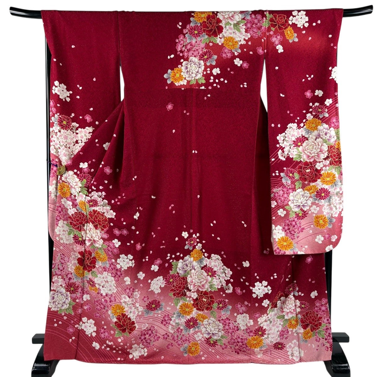 美品】 振袖 身丈168.5cm 裄丈68cm L 袷 牡丹 桜 銀通し 金糸 えんじ色