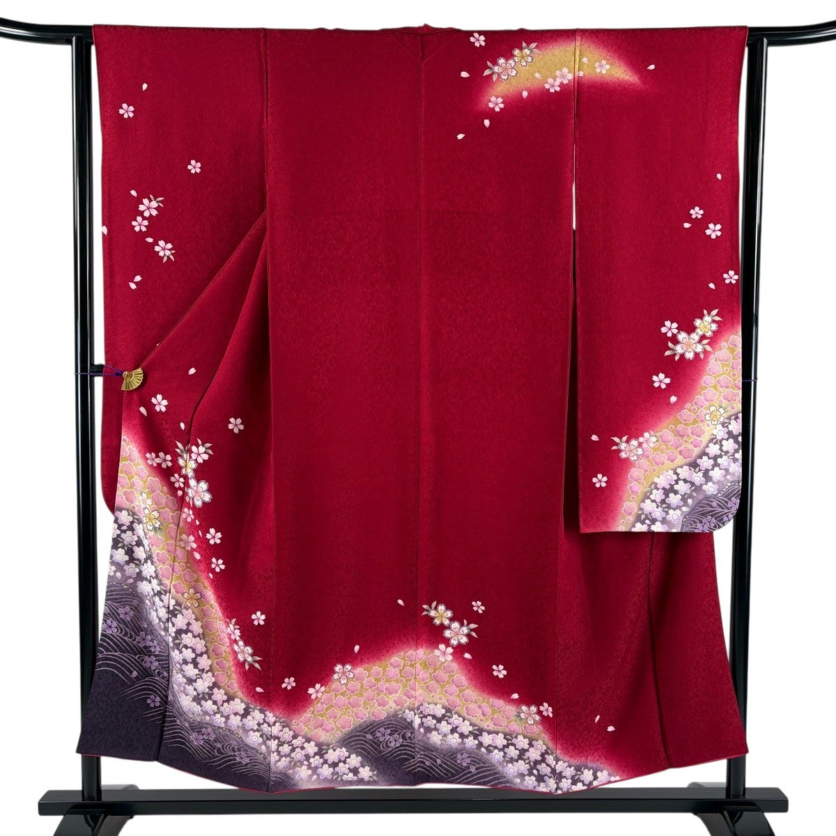 美品】 振袖 身丈152cm 裄丈63cm S 袷 桜 波 金彩 ぼかし 赤 正絹 名品