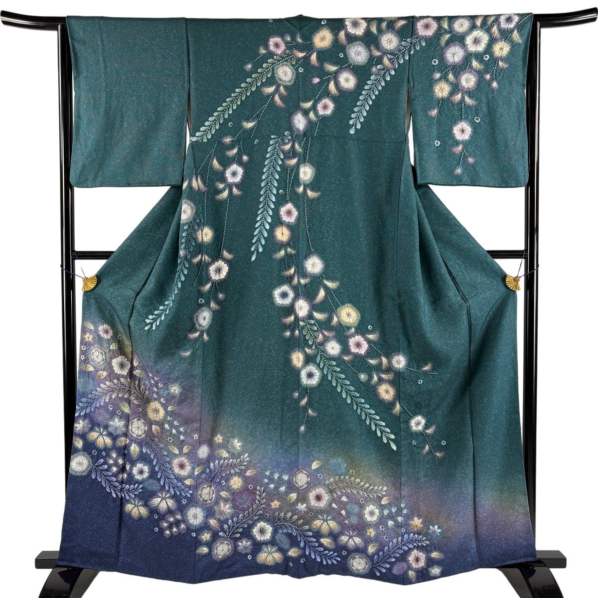 美品】 訪問着 身丈161.5cm 裄丈64cm M 袷 辻が花 銀通し ぼかし 深緑