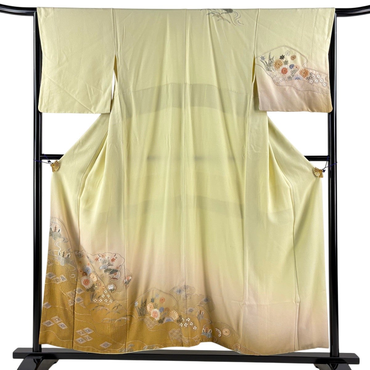 訪問着 袷 草花 落款 M 正絹 金彩 名品 L 裄丈64cm 菊 染め分け 青緑