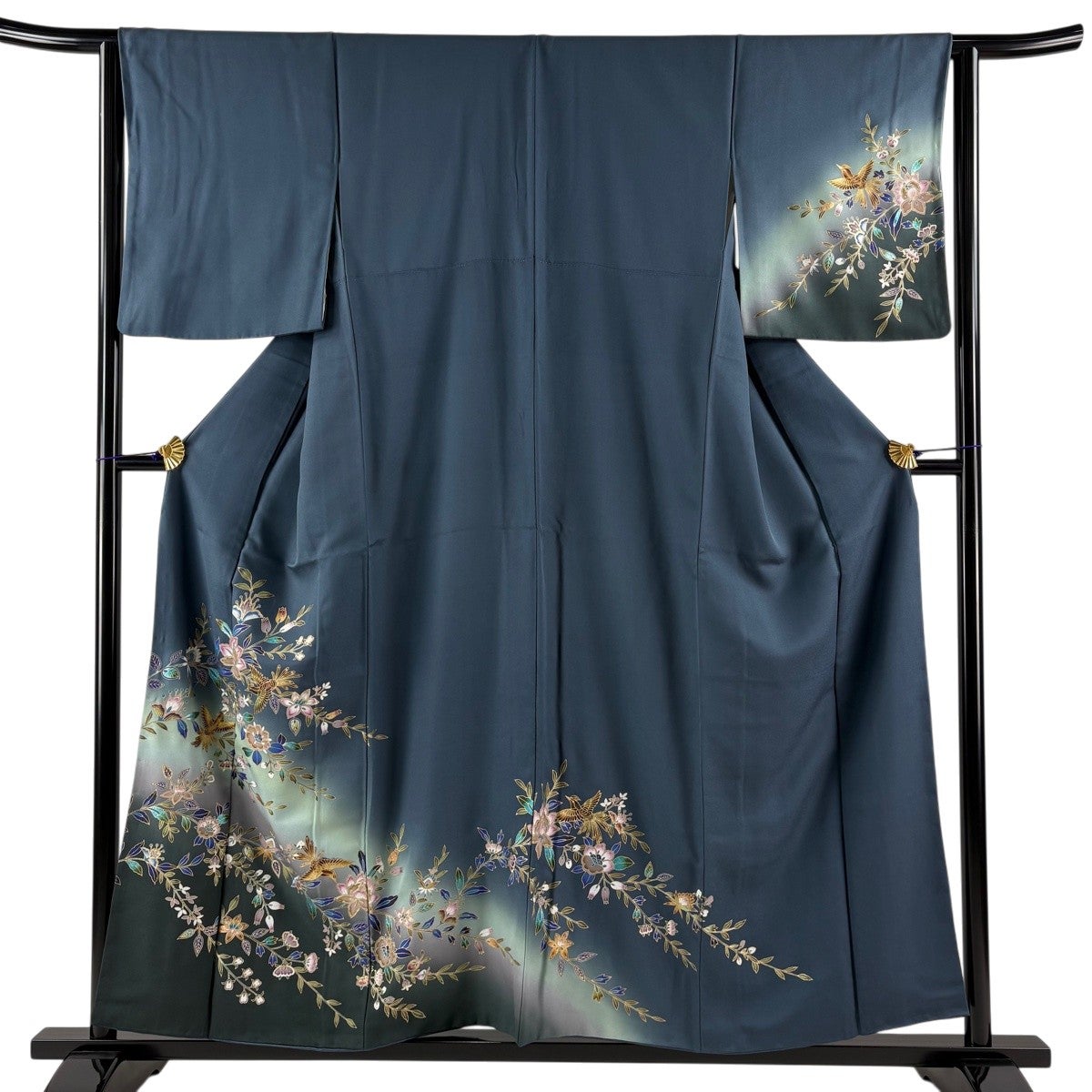 訪問着フルセット 枝花文　金彩　三越扱い　袷　身丈156cm 裄丈65cm 訪問着 身丈156cm 裄丈64cm M 袷 鳥 枝花 金彩 ぼかし 青緑 正絹 秀品