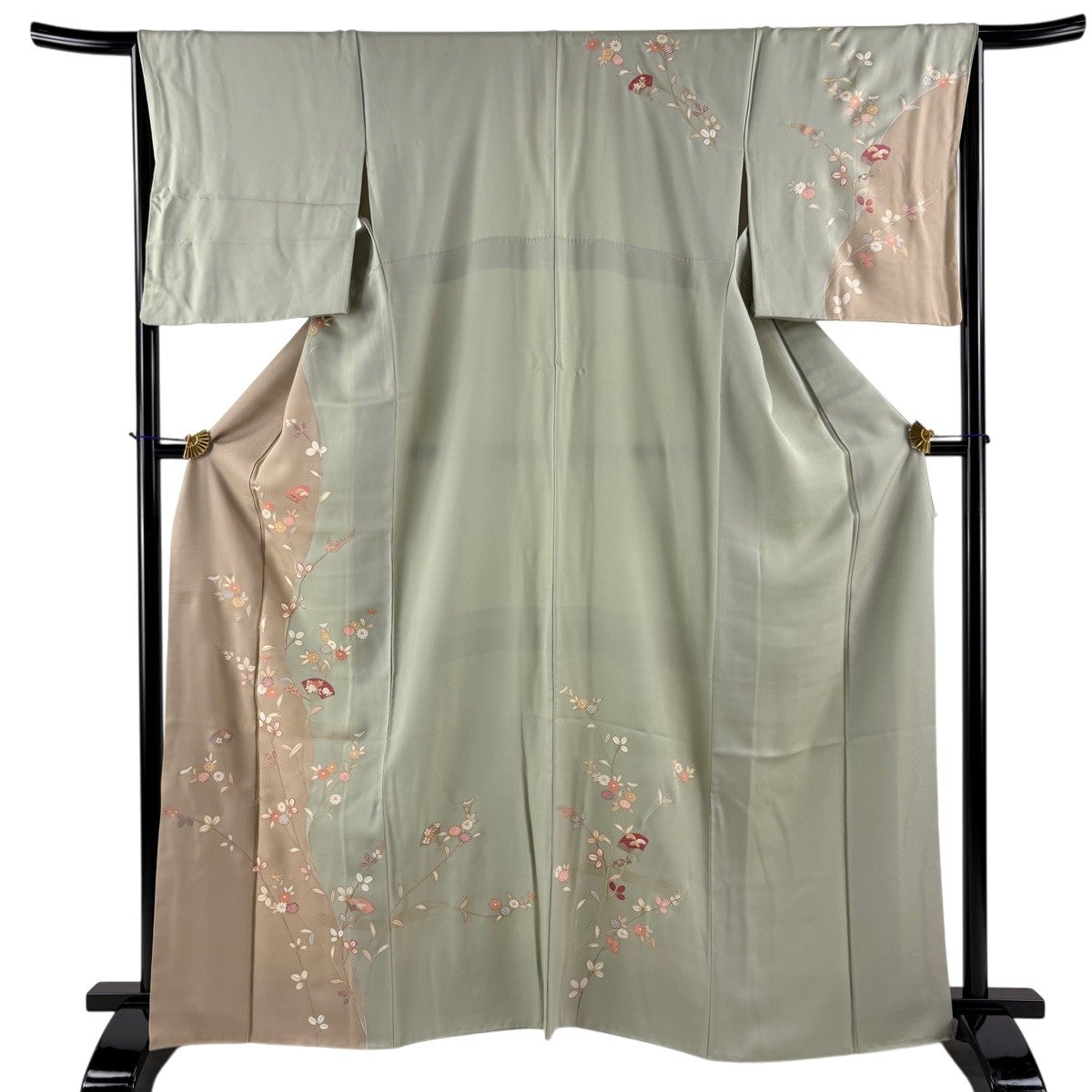 訪問着 身丈163.5cm 裄丈67.5cm L 袷 扇 秋草 金彩 染め分け 灰緑 正絹