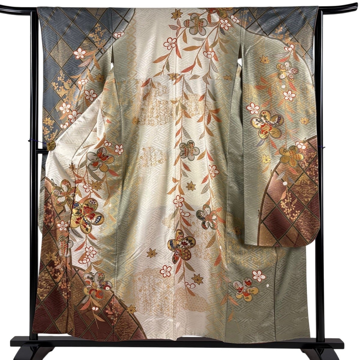 振袖 身丈157cm 裄丈63.5cm S 袷 牡丹 枝梅 金糸 金彩 緑 正絹 秀品