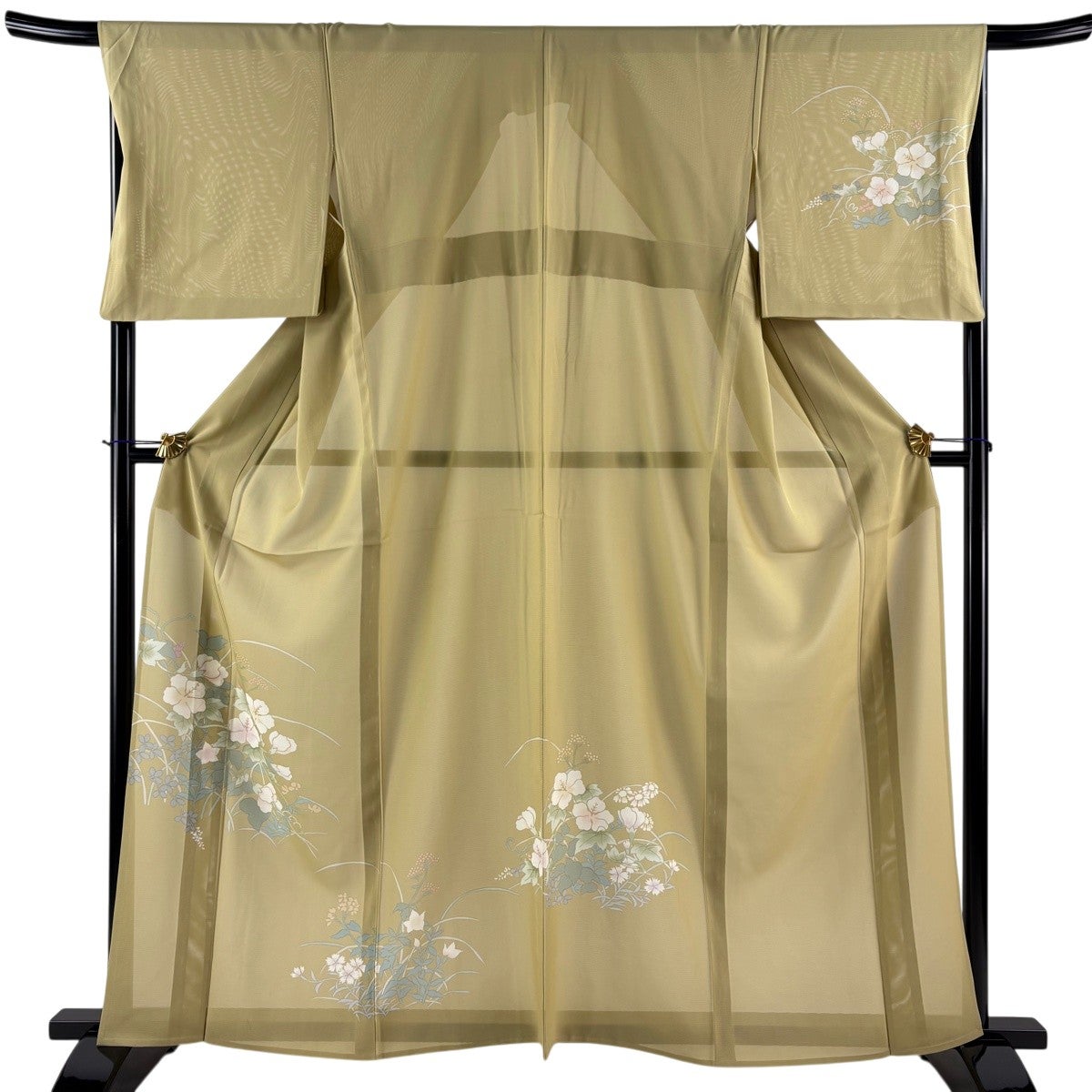 付下げ 身丈162cm 裄丈67cm M 薄物 絽 草花 抹茶色 正絹 秀品｜中古