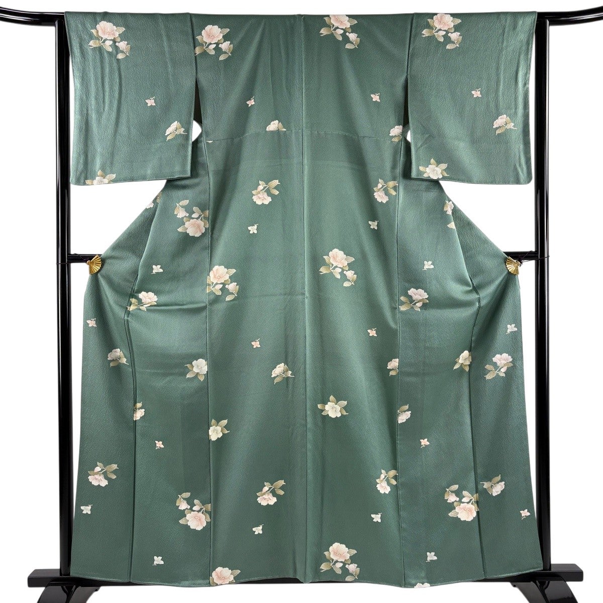 小紋 身丈159.5cm 裄丈63.5cm S 袷 草花 金彩 灰緑 正絹 秀品｜中古