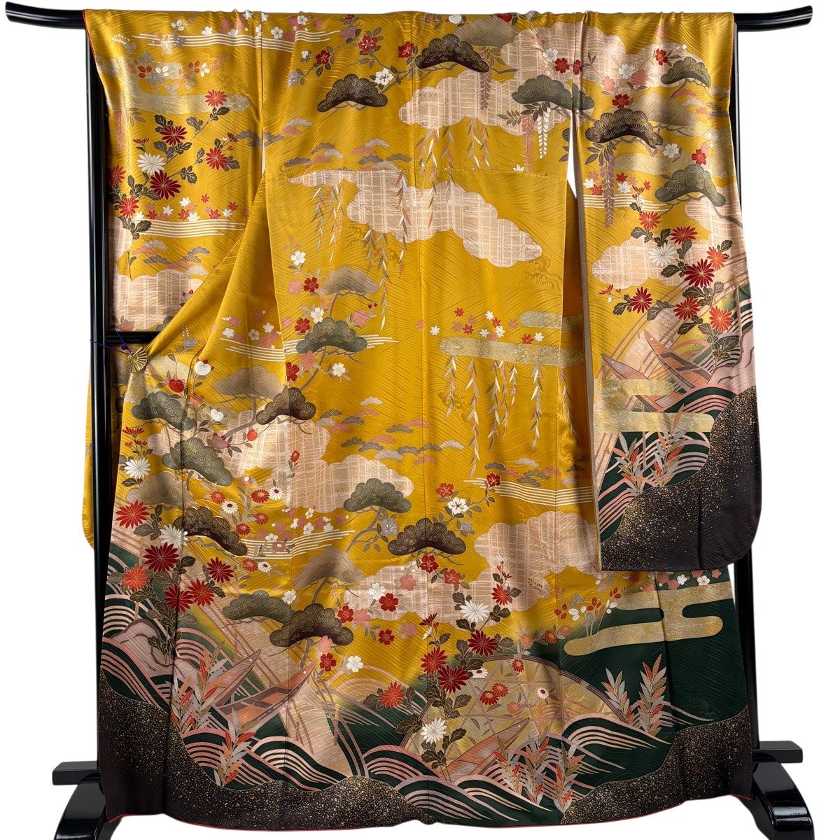振袖 身丈169cm 裄丈71cm L 袷 松 波 金糸 金彩 山吹色 正絹 秀品