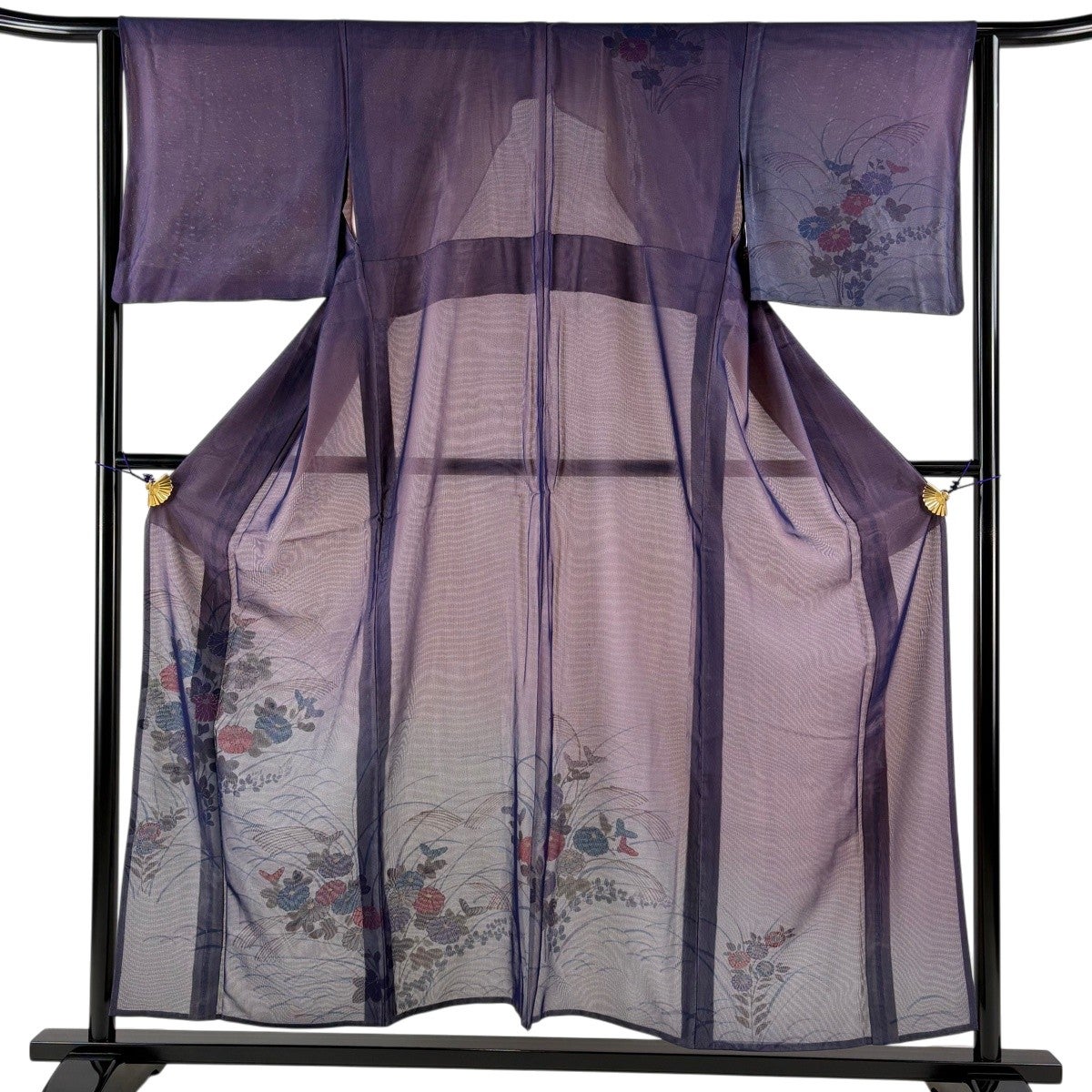 付下げ 身丈157cm 裄丈62.5cm S 紗袷 草花 ぼかし 紫 正絹 名品｜中古