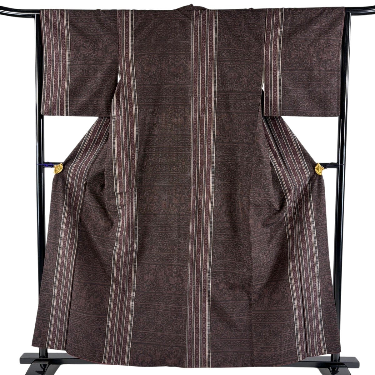 美品】 紬 身丈161.5cm 裄丈64cm M 袷 竹 縞 茶紫 正絹 秀品｜中古