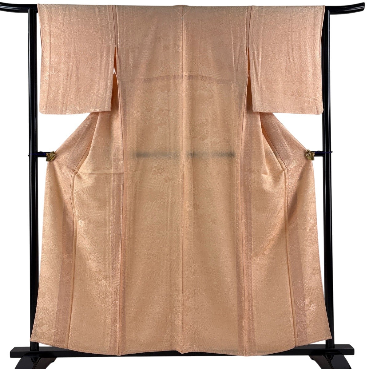 美品】 色無地 身丈155cm 裄丈63.5cm S 単衣 地紋 薄オレンジ 正絹 秀