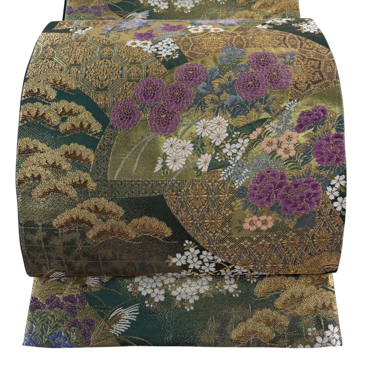 C5 琳派色紙文 本金箔 帝王紫 桔梗 菊 蔦 鶴 六通 正絹 フォーマルな袋帯 美品】 袋帯 逸品 じゅらく 落款あり じゅらく帝王紫 扇面 草花 金糸