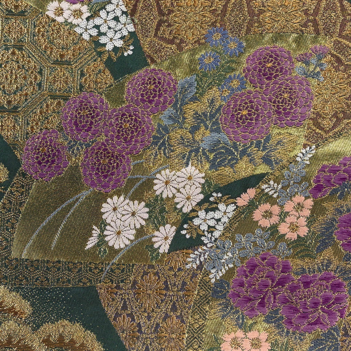 美品】 袋帯 逸品 じゅらく 落款あり じゅらく帝王紫 扇面 草花 金糸