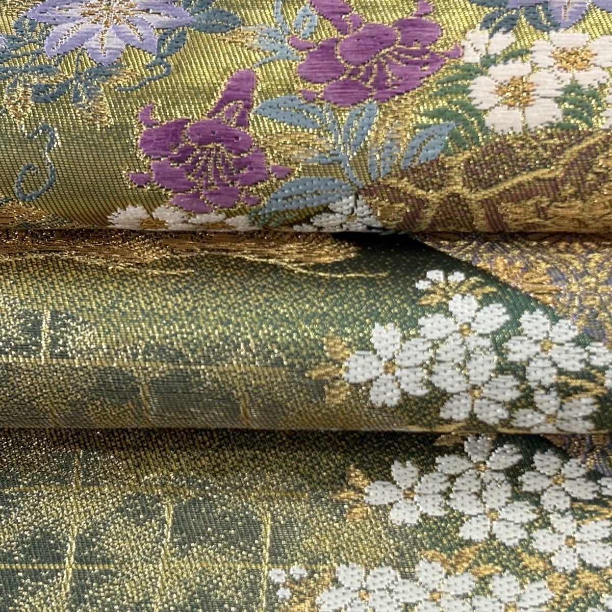 美品】 袋帯 逸品 じゅらく 落款あり じゅらく帝王紫 扇面 草花 金糸