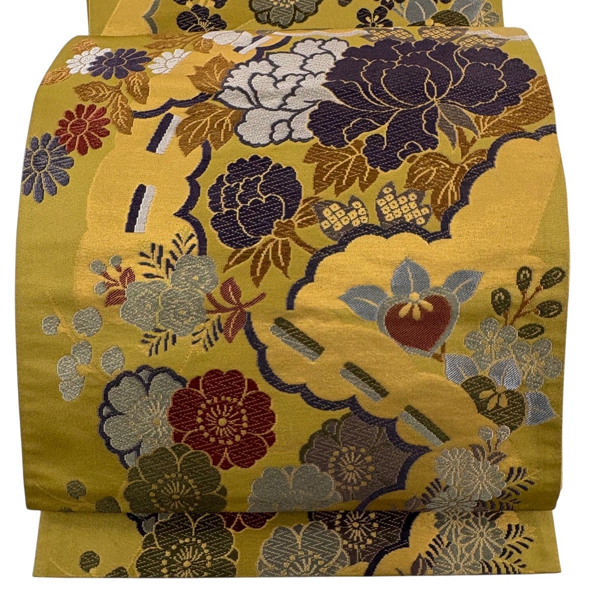 美品】 袋帯 優品 桧扇 草花 唐織 茶緑色 六通 化繊｜中古・古着