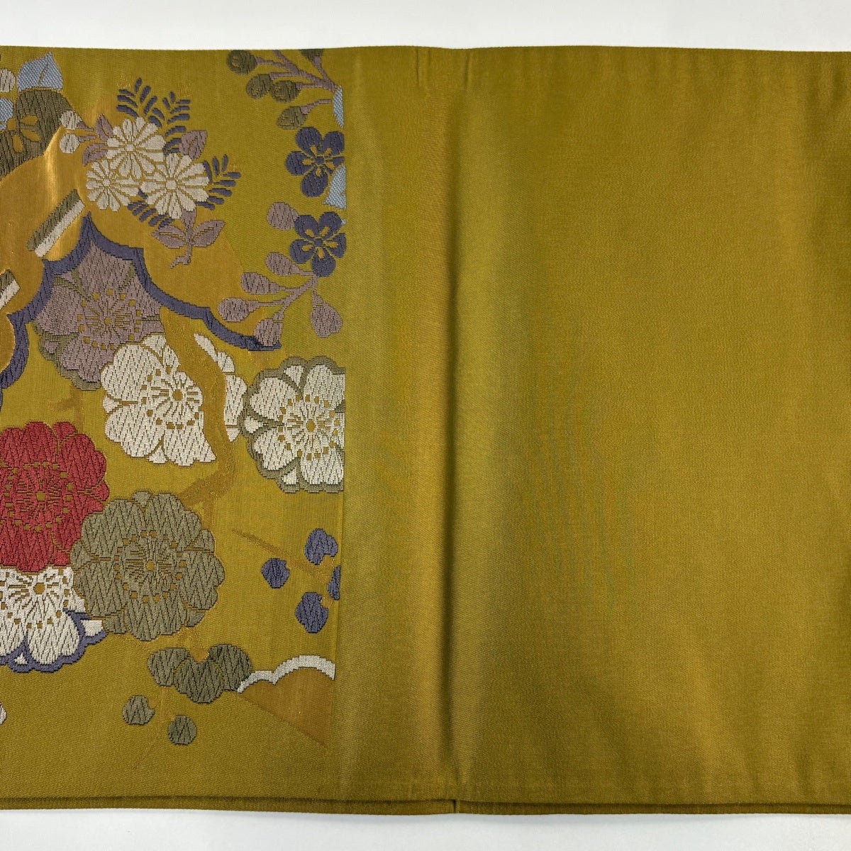 美品】 袋帯 優品 桧扇 草花 唐織 茶緑色 六通 化繊｜中古・古着
