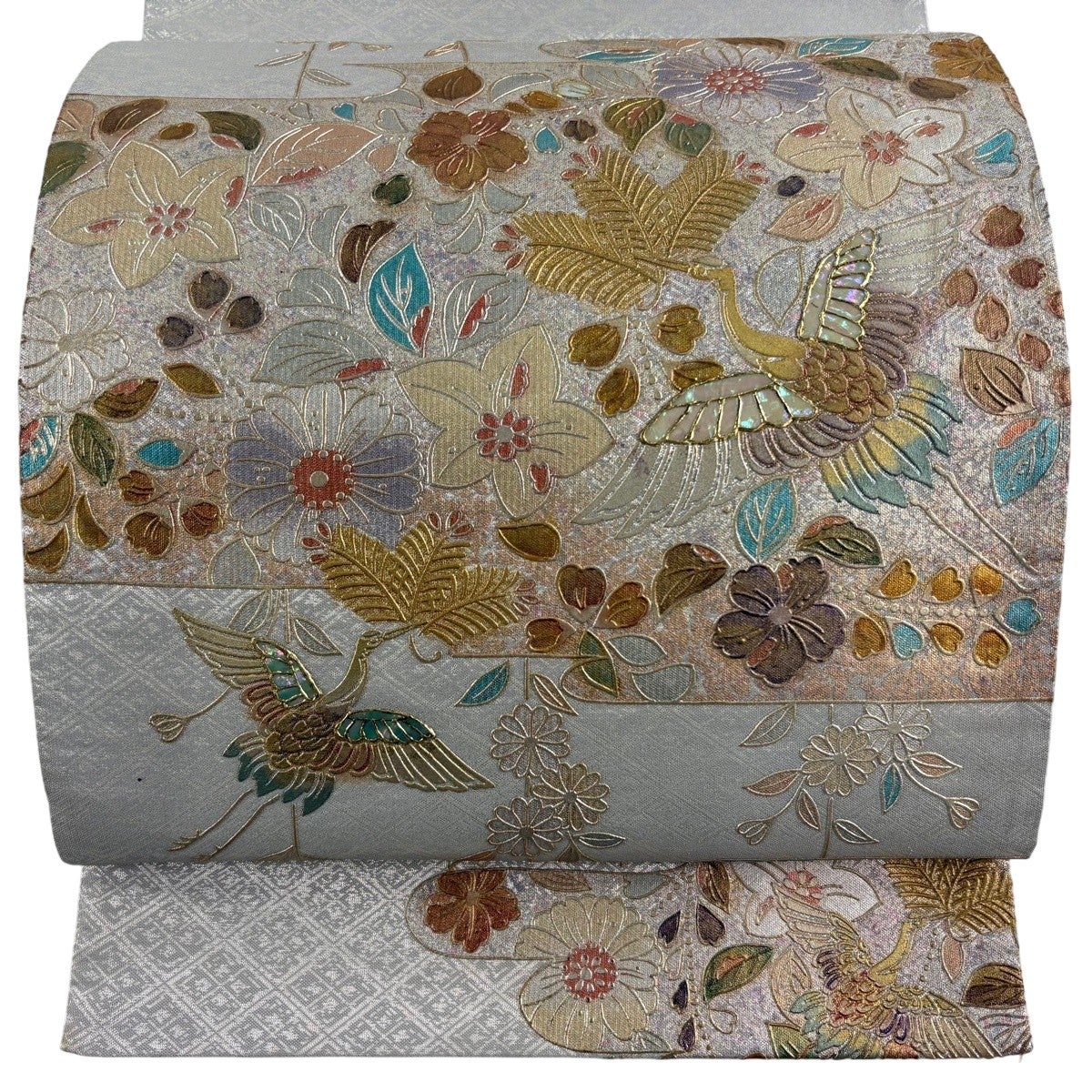 美品】 袋帯 名品 鶴 草花 螺鈿 金銀彩 銀色 お太鼓柄 正絹｜中古