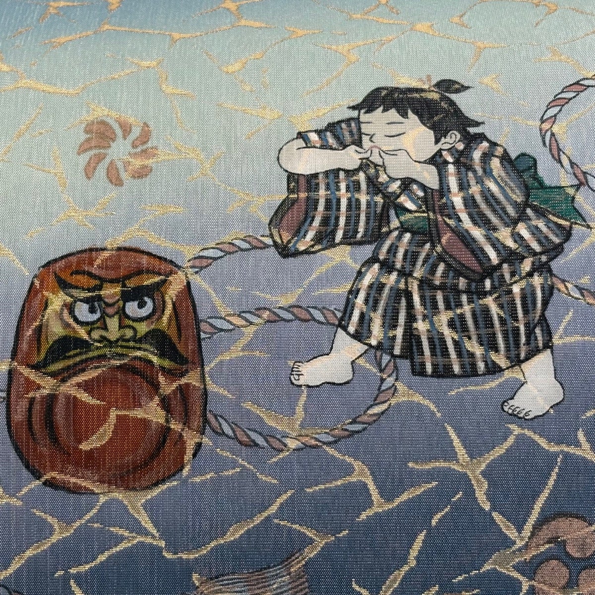 美品】 袋帯 名品 童 だるま 箔 銀糸 青灰色 お太鼓柄 正絹｜中古