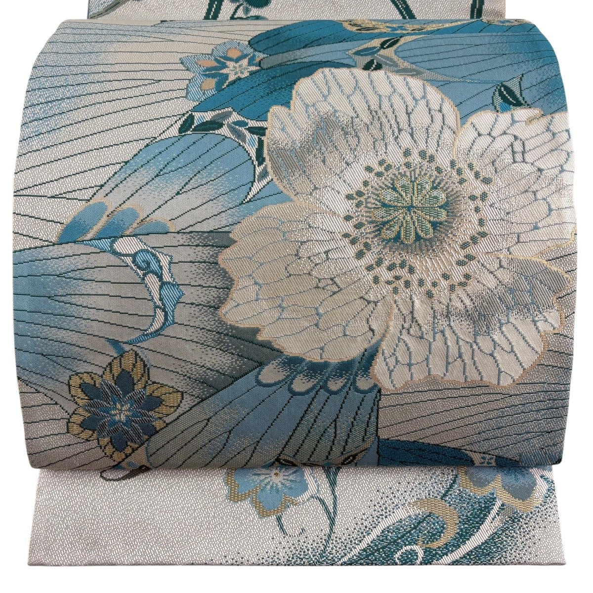 美品】 袋帯 名品 花 波 金銀糸 箔 薄青緑 お太鼓柄 正絹｜中古・古着