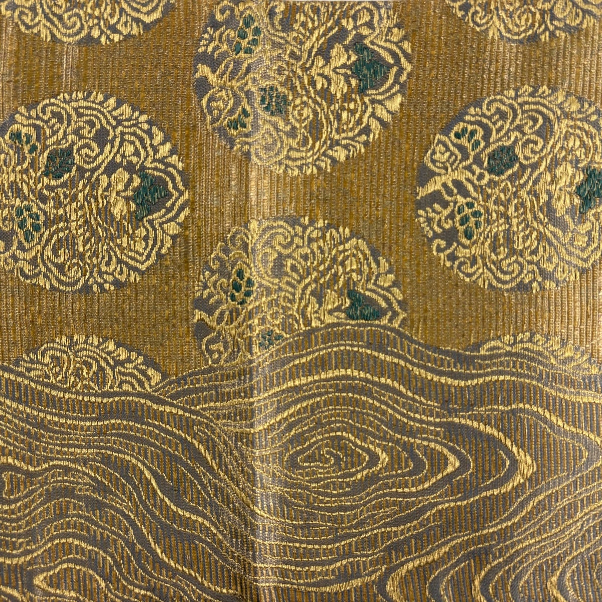 袋帯 名品 落款あり 鈴乃屋 花唐草 幾何学模様 金糸 刺繍 黄土色 六通