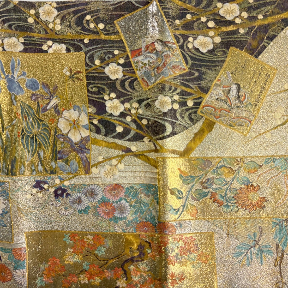 美品】 丸帯 名品 琳派三壽奏 抱一 光琳 短冊 草花 金糸 箔 金色