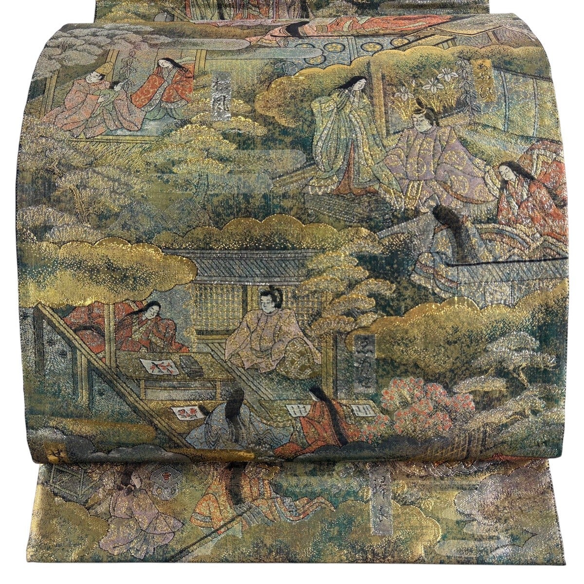 美品】 袋帯 名品 源氏物語絵巻 人物 御所風景 箔 金色 お太鼓柄 正絹