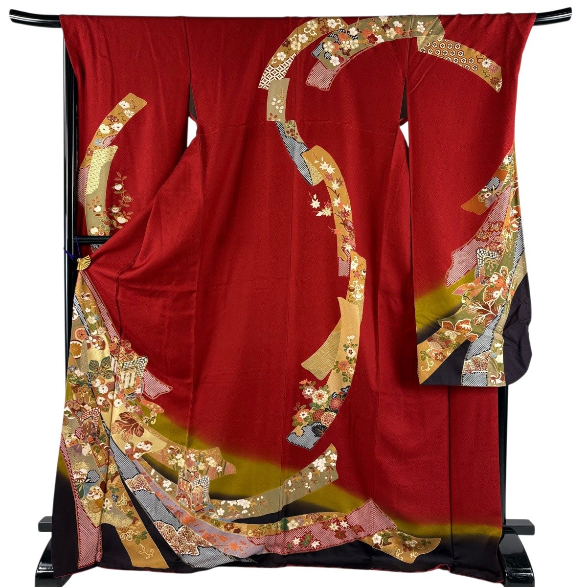 振袖 身丈164cm 裄丈67cm M 袷 菊 熨斗 金糸 金彩 赤 正絹 秀品｜中古