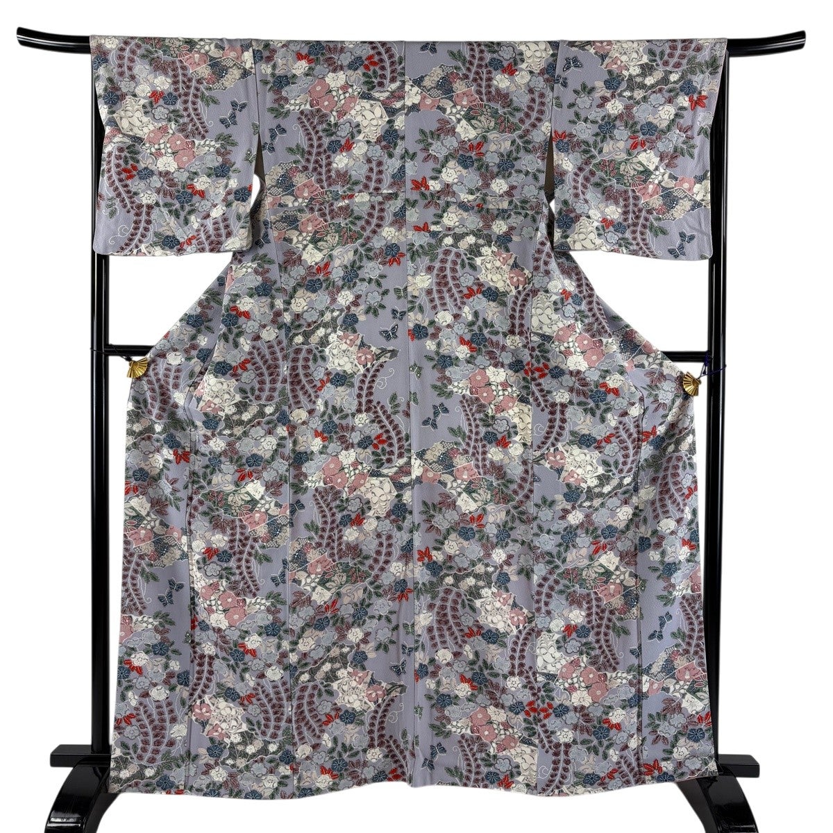 美品】 小紋 身丈159cm 裄丈65cm M 袷 波 絞り 黒 正絹 秀品｜中古