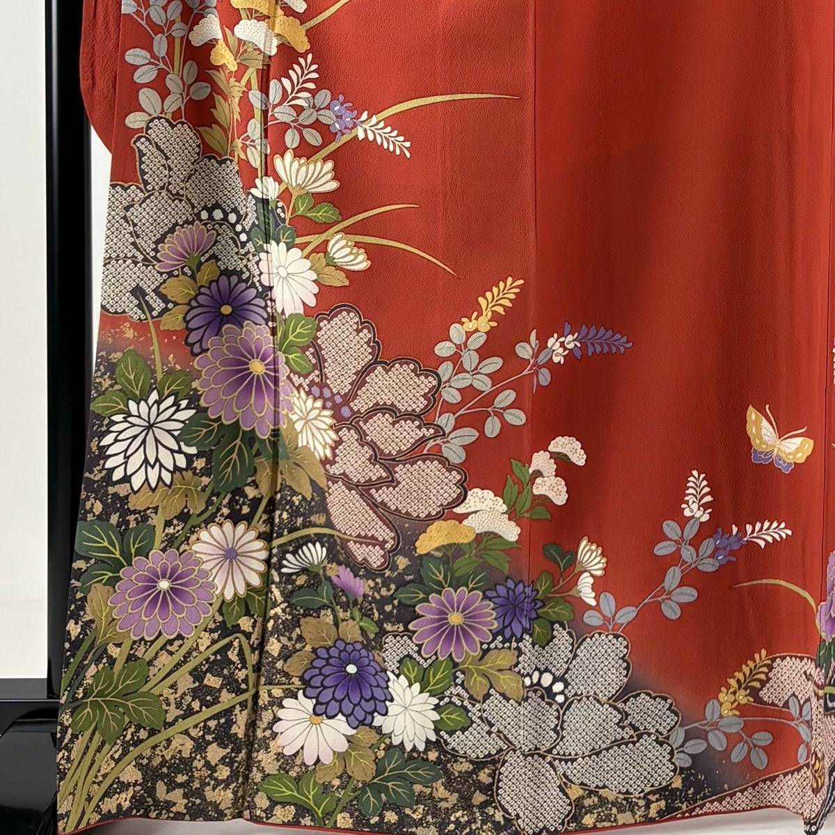 振袖 身丈166cm 裄丈70cm L 袷 草花 金彩 茜色 正絹 秀品｜中古・古着