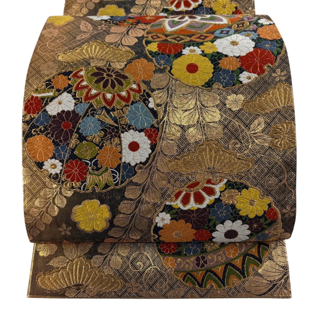 袋帯 逸品 じゅらく 落款あり じゅらく帝王紫 華文 菊 刺繍 金銀糸
