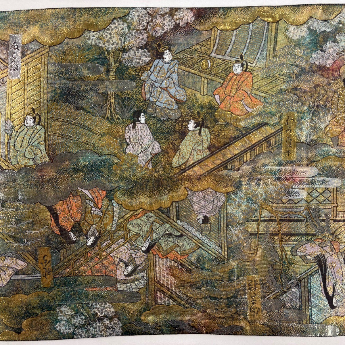 美品】 袋帯 名品 源氏物語絵巻 人物 御所風景 箔 金色 お太鼓柄 正絹