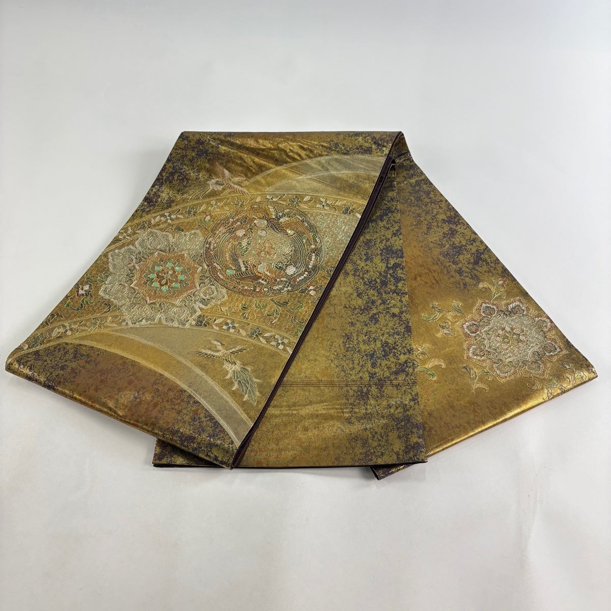 袋帯 名品 華文 花鳥 螺鈿 金彩 金色 お太鼓柄 正絹｜中古・古着