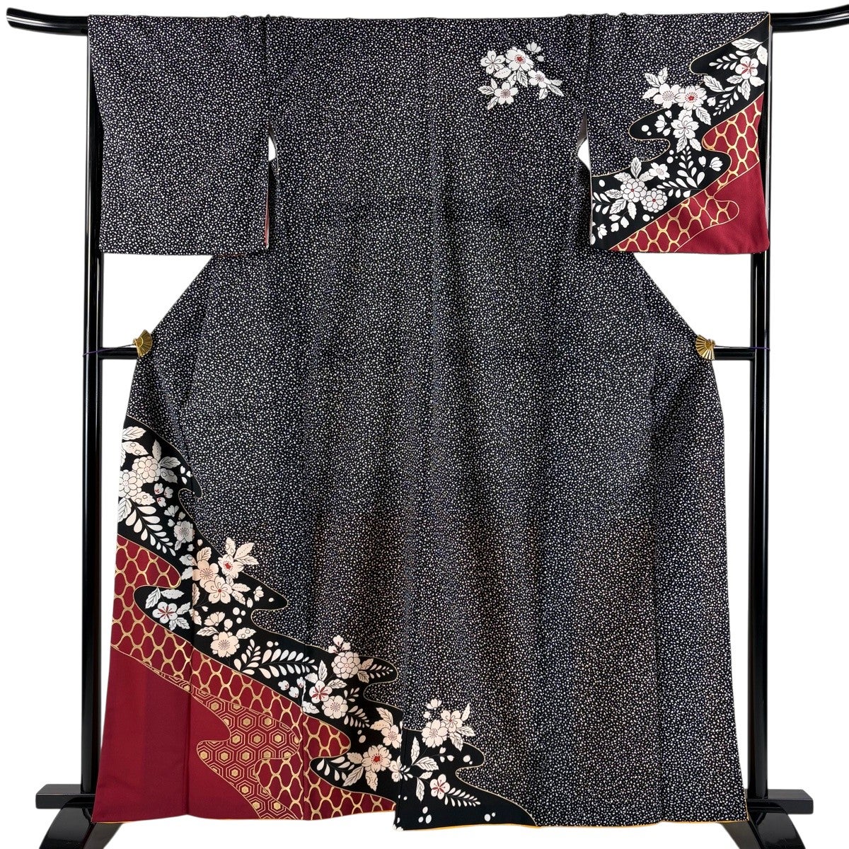 訪問着 身丈161cm 裄丈68.5cm L 袷 桜 網目 金彩 染め分け 黒 化繊