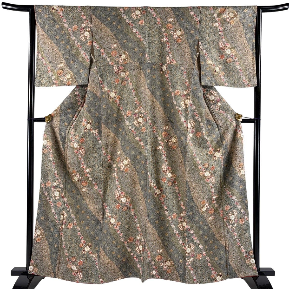 美品】 小紋 身丈162cm 裄丈64cm M 袷 桜 麻の葉 金彩 灰緑 正絹 優品