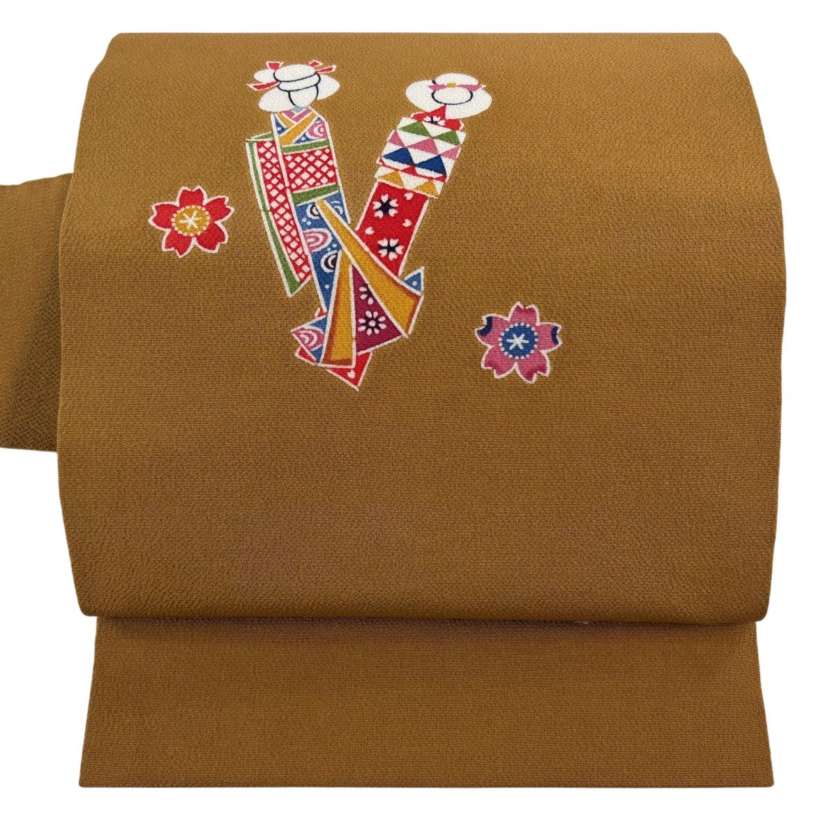 ゲリラSALE♡逸品 伝統工芸品 正絹 道屯織 名古屋帯 全通 美品】 名古屋帯 逸品 こけし 桜 縮緬 茶色 正絹｜中古・古着