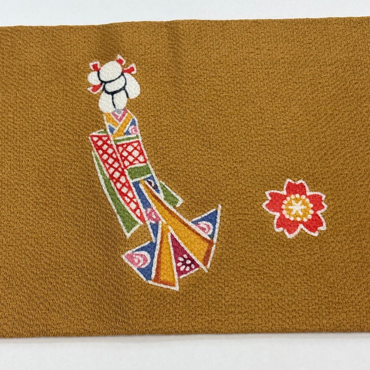 ゲリラSALE♡逸品 伝統工芸品 正絹 道屯織 名古屋帯 全通 美品】 名古屋帯 逸品 こけし 桜 縮緬 茶色 正絹｜中古・古着
