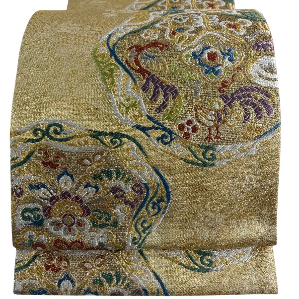 美品】 袋帯 秀品 裂取宝飾華文 向かい鳥 箔 唐織 金色 六通 正絹