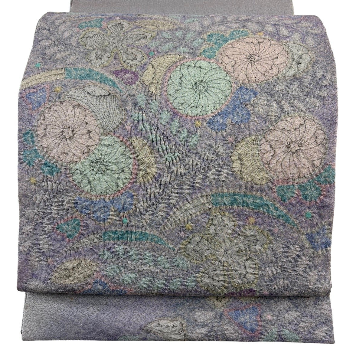 袋帯 秀品 落款あり 辻が花 金通し ぼかし 灰緑 お太鼓柄 正絹｜中古