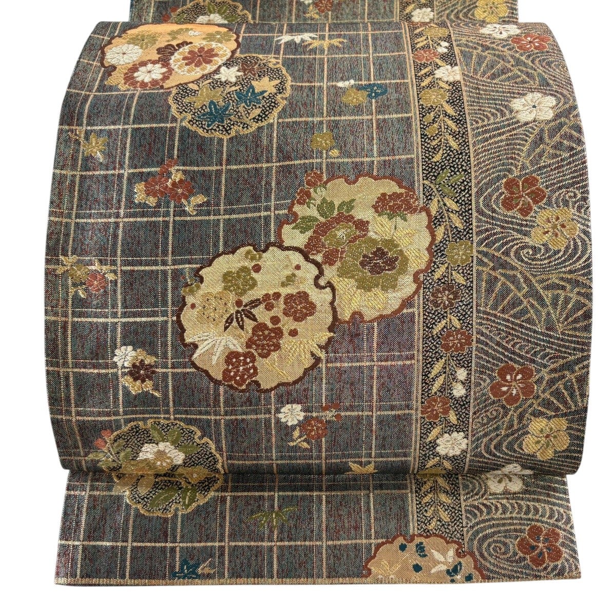 最終値下げ O-314 袋帯 六通 唐織 箔 花唐草 鳥 七宝 絹 高品質 美品 袋帯 秀品 七宝桐鉄線文 七宝 草花 唐織 箔 茶色 六通 正絹｜中古