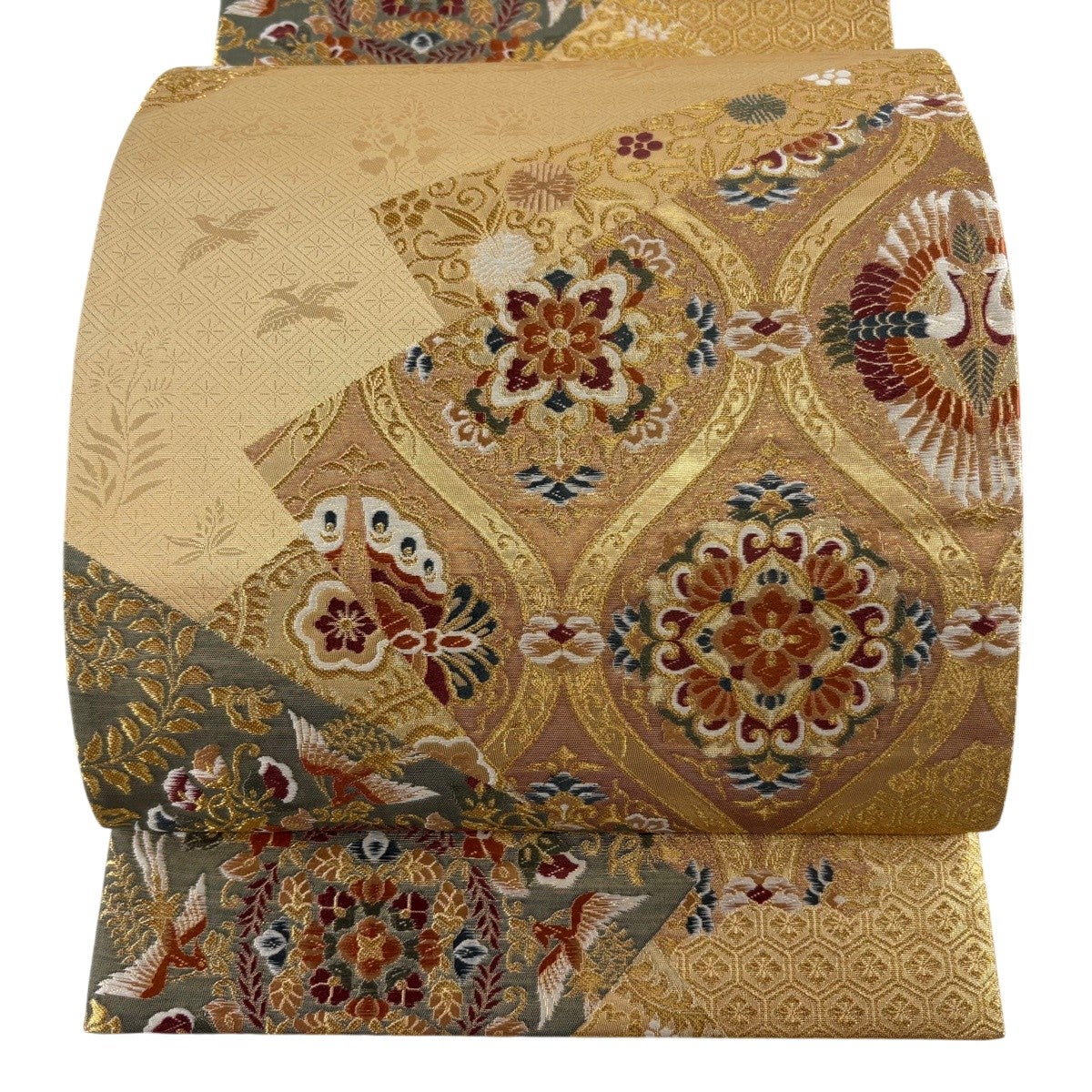 美品】 袋帯 秀品 関西仕立て 鳥 草花 箔 金糸 金色 六通 正絹｜中古