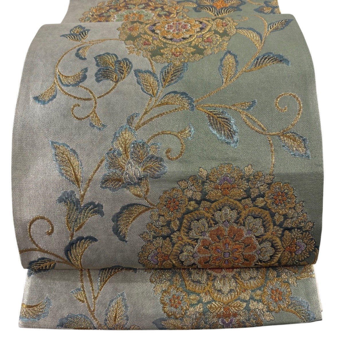 MO-3122 袋帯 花唐草模様 金通し 灰緑色 中古）袋帯 緑 フォーマル 六通 金糸 華文 蝶 牡丹唐草 唐花