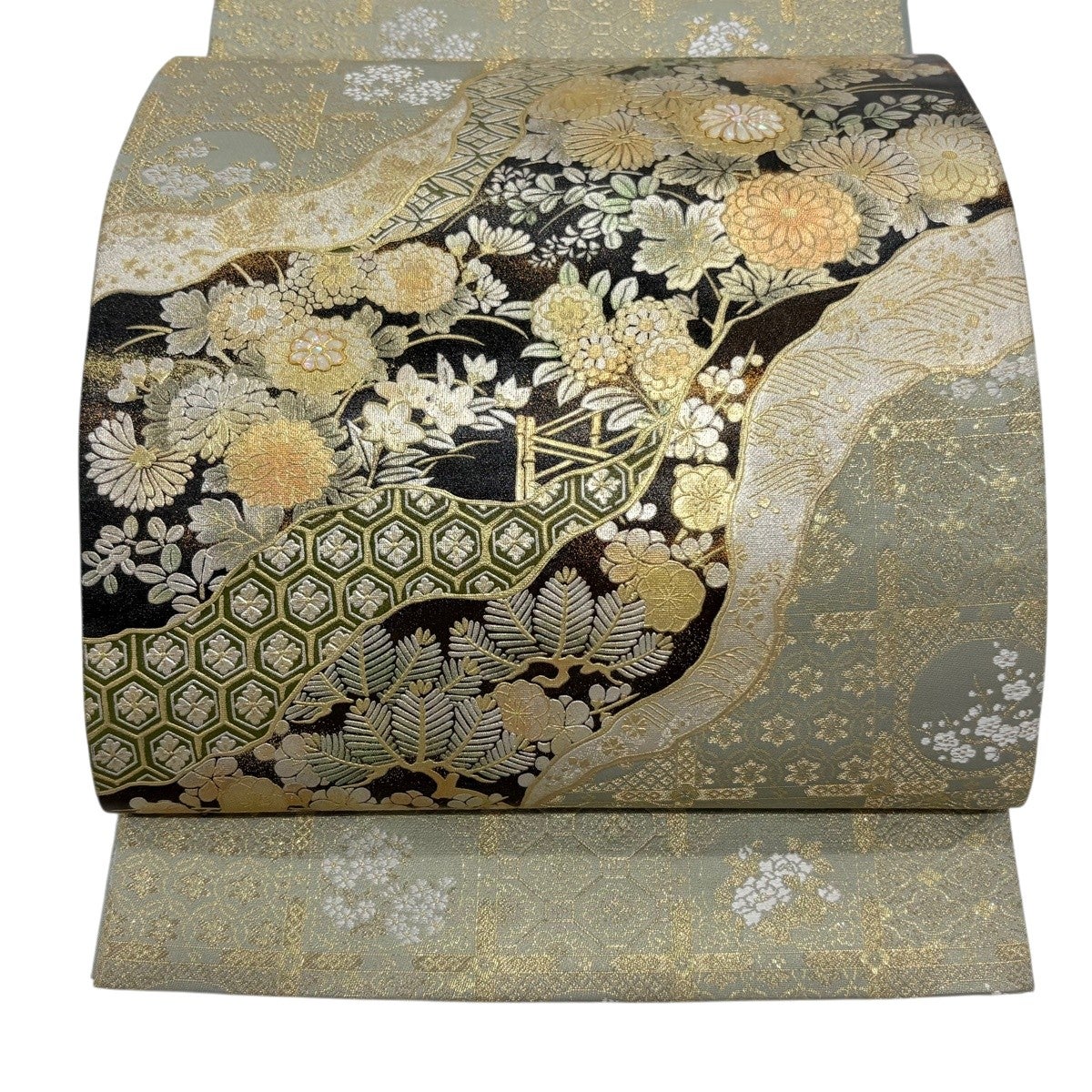 美品】 袋帯 秀品 道長取り 秋草 金銀彩 螺鈿 灰緑 お太鼓柄 正絹
