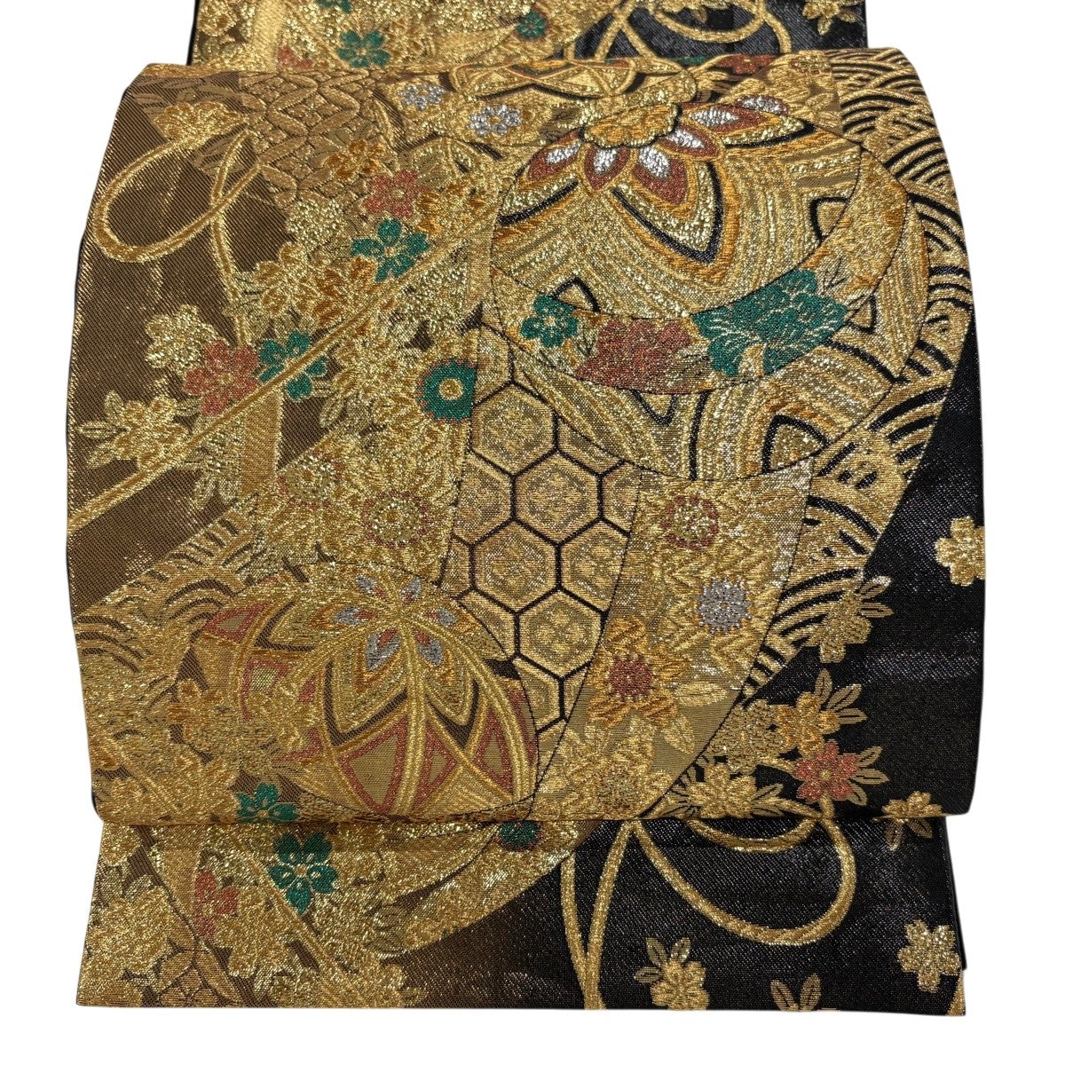 50%OFF 【美品】 袋帯 秀品 粋浪漫 手鞠 桜 金銀糸 箔 黒 六通 正絹