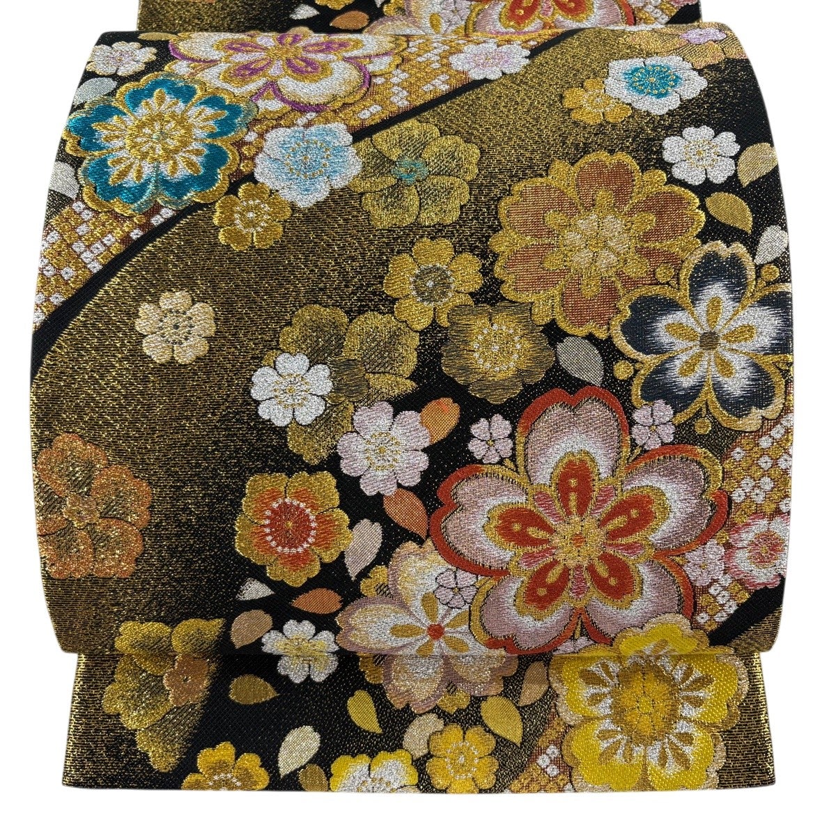 袋帯 秀品 六通 箔 正絹 美品 金糸 黒 中古 桜 草花 金銀糸 やまと K50