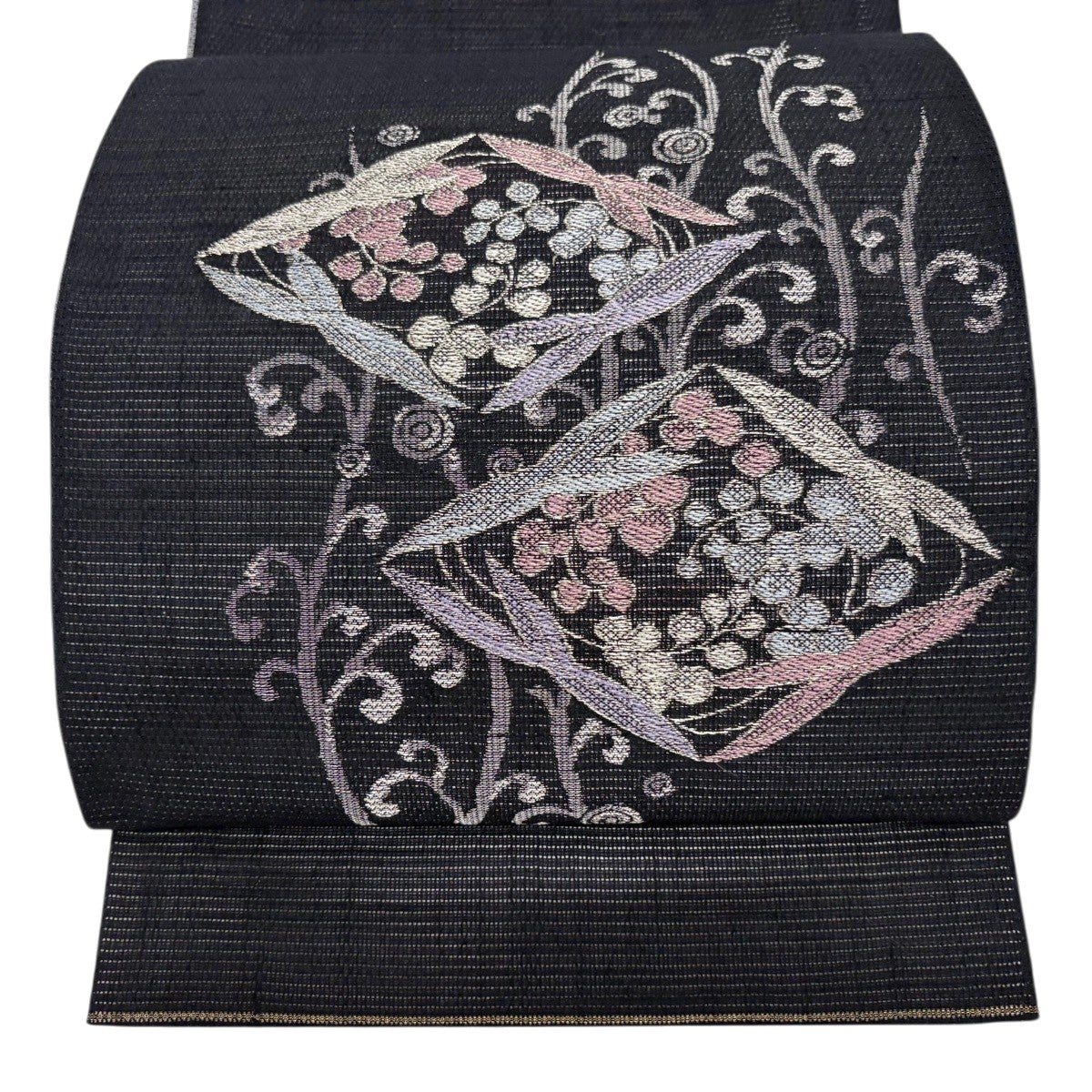 袋帯 秀品 夏帯 絽 草花 銀糸 黒 お太鼓柄 正絹｜中古・古着