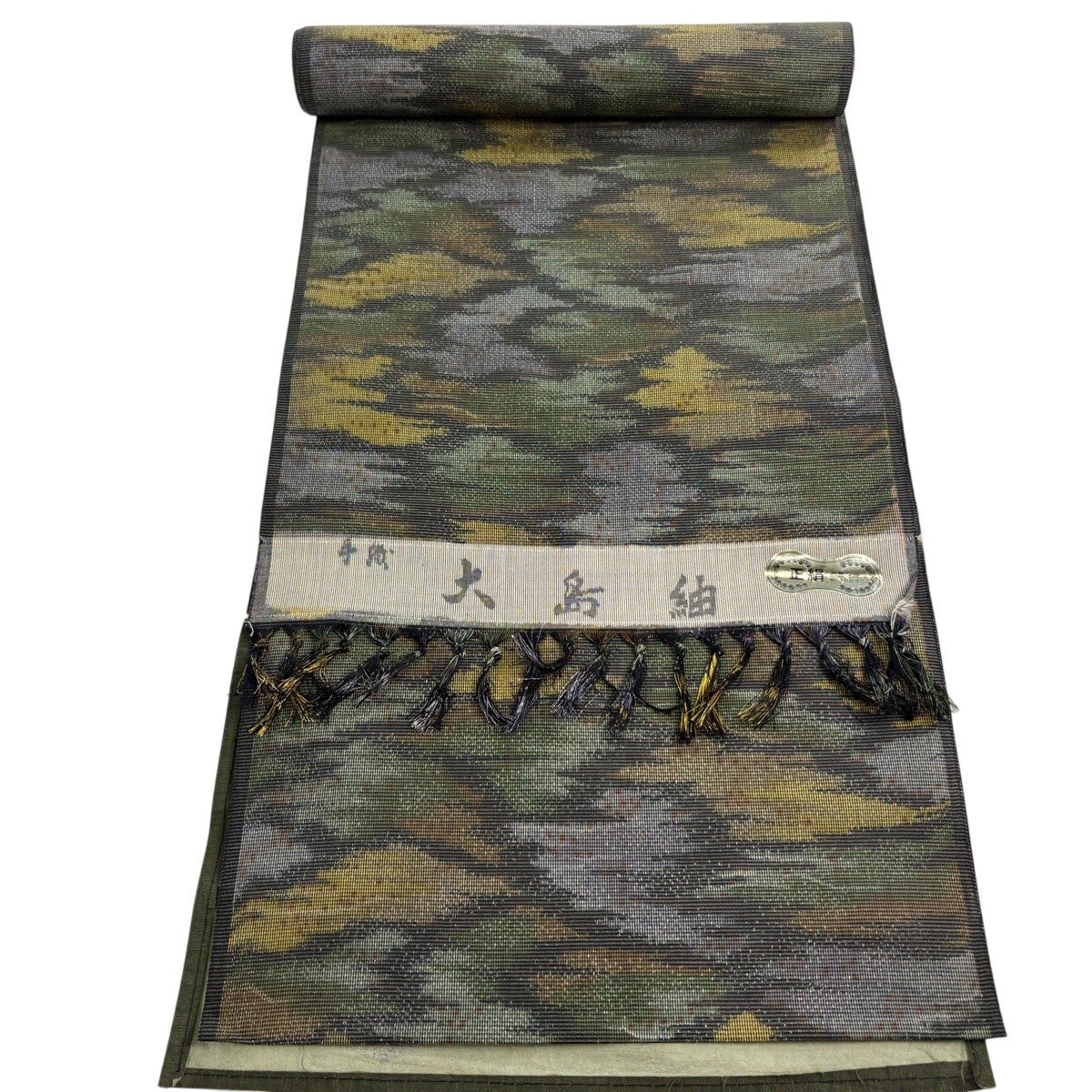 反物 秀品 紬 幾何学 茶緑色 正絹｜中古・古着・リサイクル着物通販