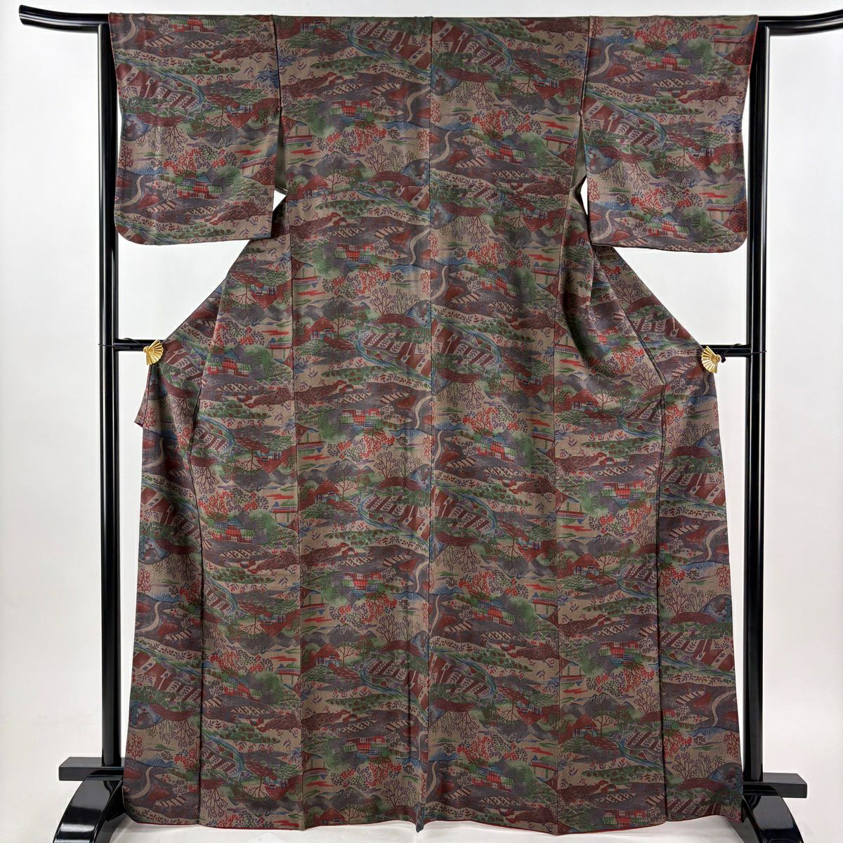 小紋 身丈163cm 裄丈67.5cm L 袷 鯨 地紋 灰緑 正絹 逸品｜中古・古着